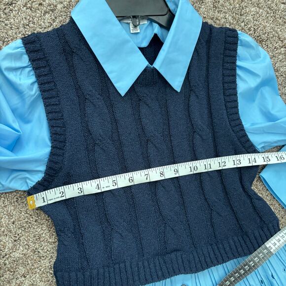 Current Air Blue Contrast Eyelit Top Sz M Academia Cable Knit Preppy - Picture 10 of 11